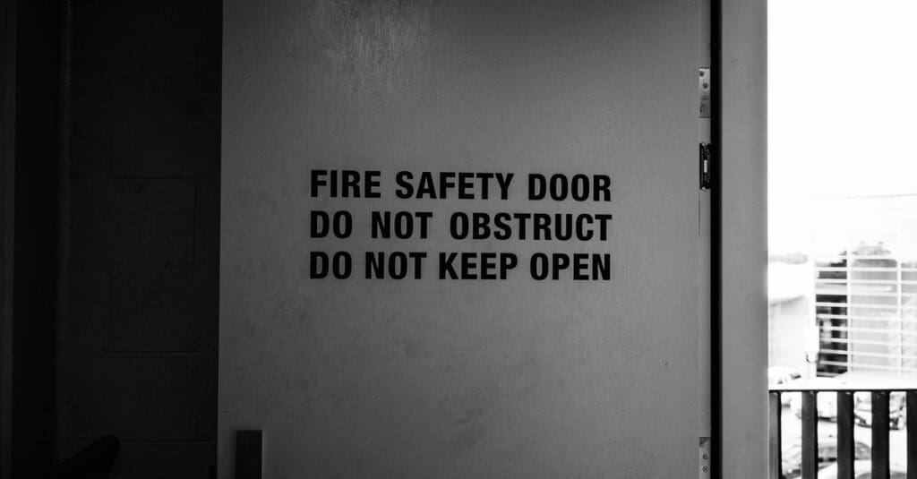 Black and white image of fire safety door with warning instructions.