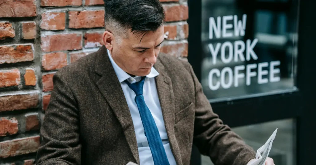 Man in formal attire reading a newspaper outside New York coffee shop.